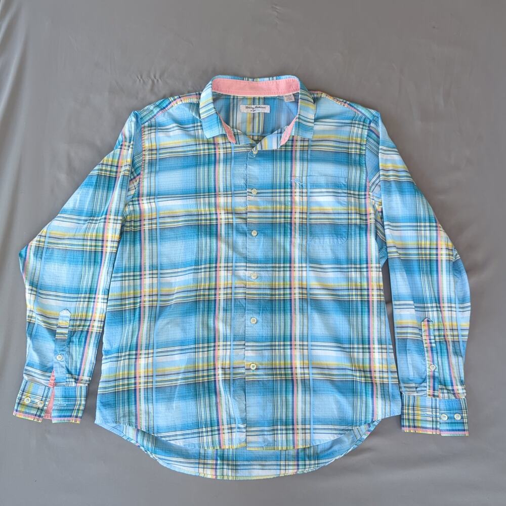 Tommy Bahama IslandZone Palau Plaid Blue Pink Shirt Mens Long Sleeve